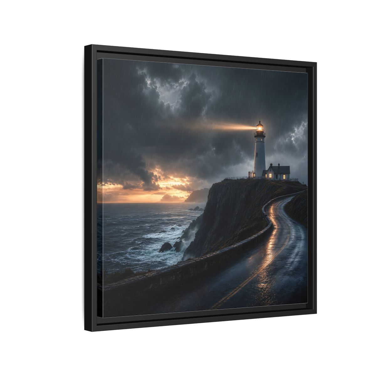 Side Mockup 12. Nature Lighthouse Dark Coastal Lighthouse shown as stretched canvas wall art