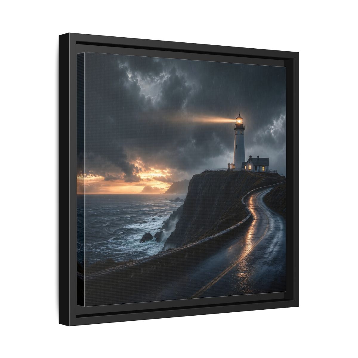 Side Mockup 32. Nature Lighthouse Dark Coastal Lighthouse shown as stretched canvas wall art