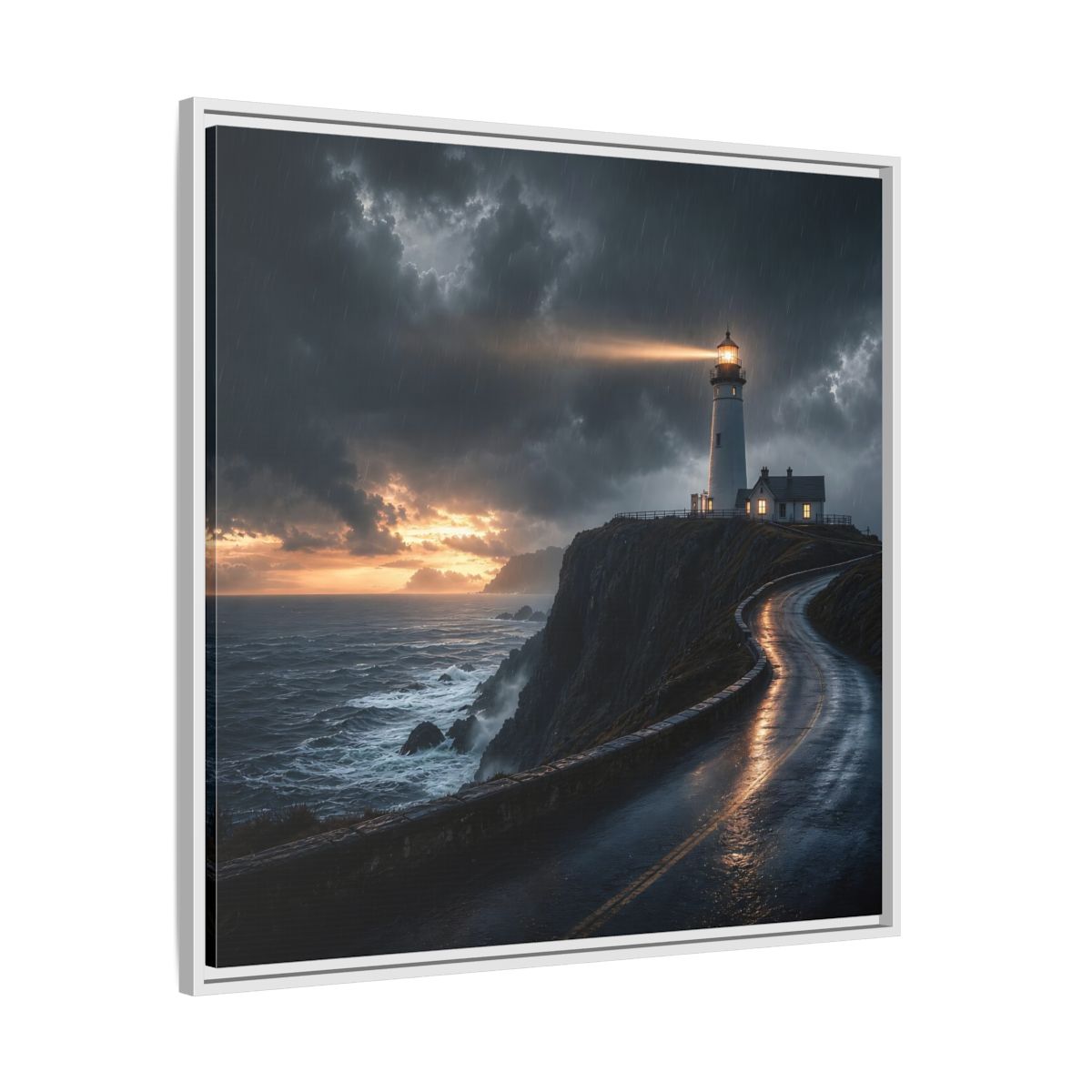 Side Mockup 25. Nature Lighthouse Dark Coastal Lighthouse shown as stretched canvas wall art