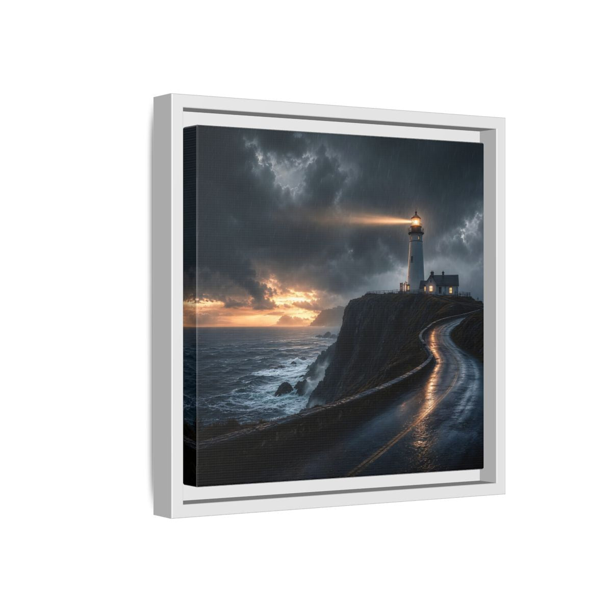 Side Mockup 16. Nature Lighthouse Dark Coastal Lighthouse shown as stretched canvas wall art