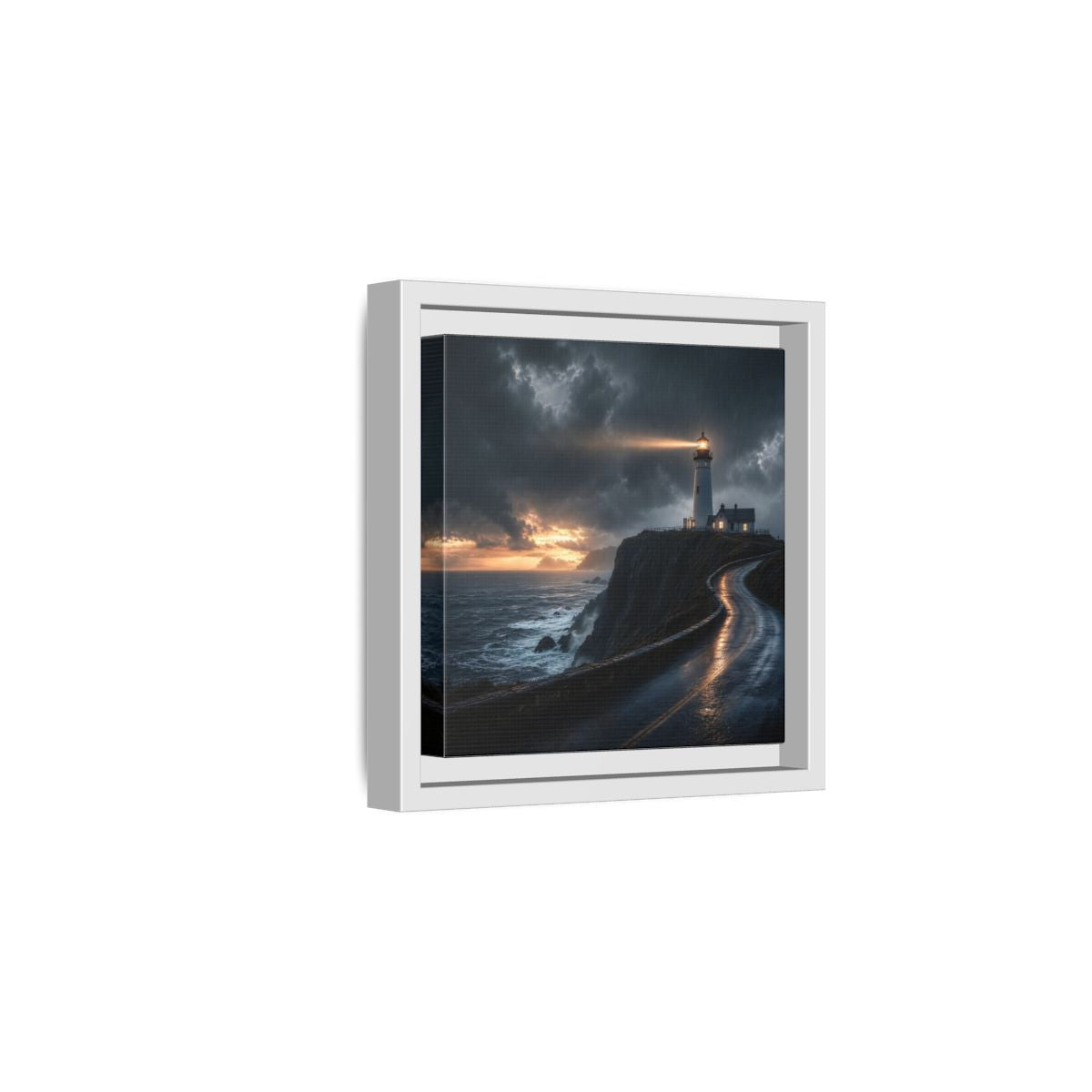 Side Mockup 1. Nature Lighthouse Dark Coastal Lighthouse shown as stretched canvas wall art