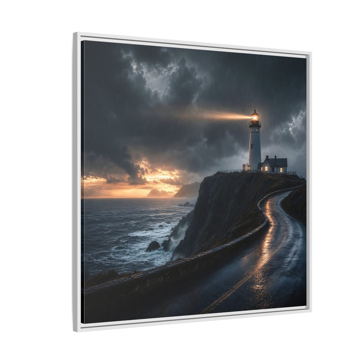 Side Mockup 4. Nature Lighthouse Dark Coastal Lighthouse shown as stretched canvas wall art