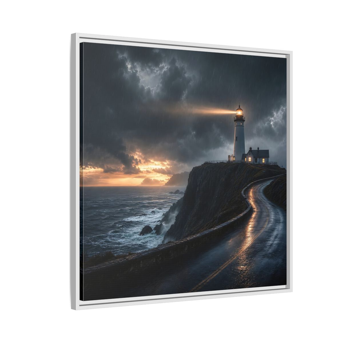 Side Mockup 7. Nature Lighthouse Dark Coastal Lighthouse shown as stretched canvas wall art