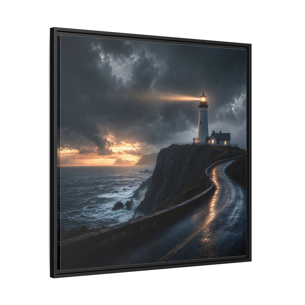 Side Mockup 30. Nature Lighthouse Dark Coastal Lighthouse shown as stretched canvas wall art