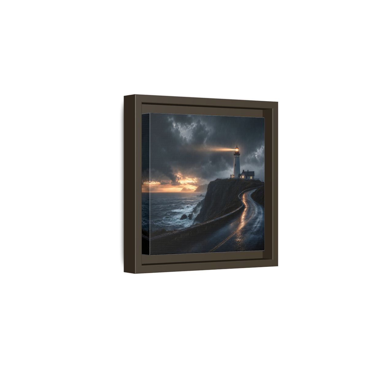 Side Mockup 2. Nature Lighthouse Dark Coastal Lighthouse shown as stretched canvas wall art
