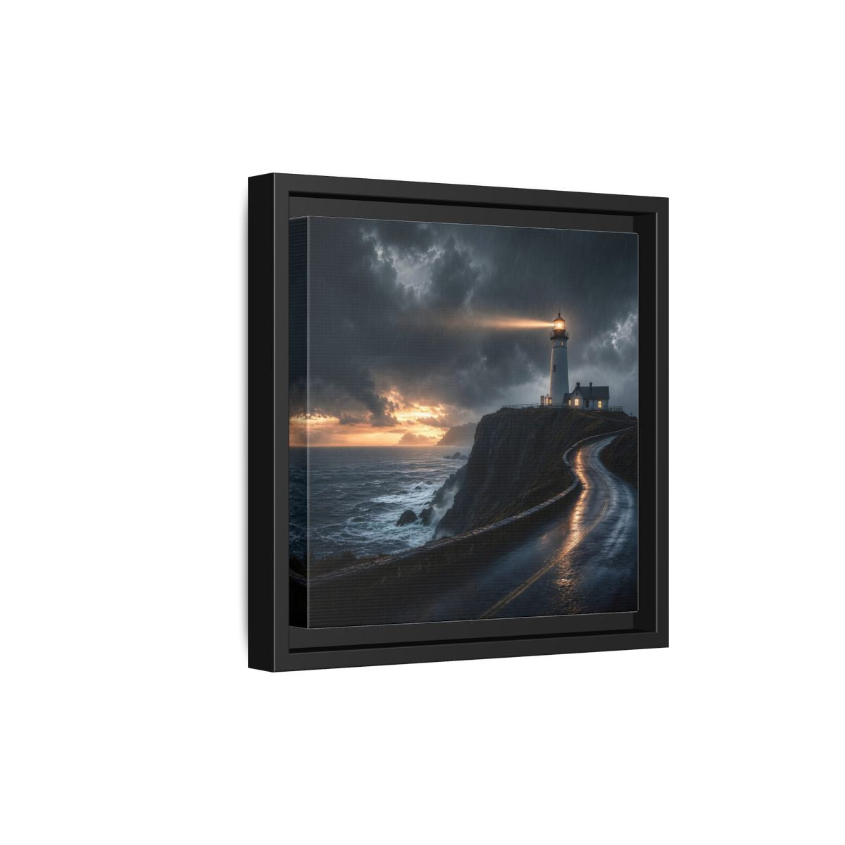 Side Mockup 21. Nature Lighthouse Dark Coastal Lighthouse shown as stretched canvas wall art