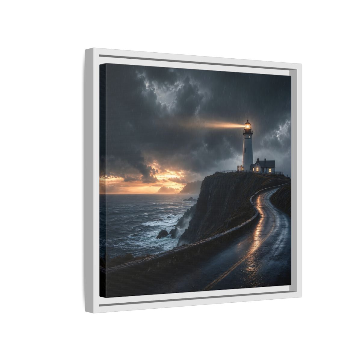Side Mockup 13. Nature Lighthouse Dark Coastal Lighthouse shown as stretched canvas wall art