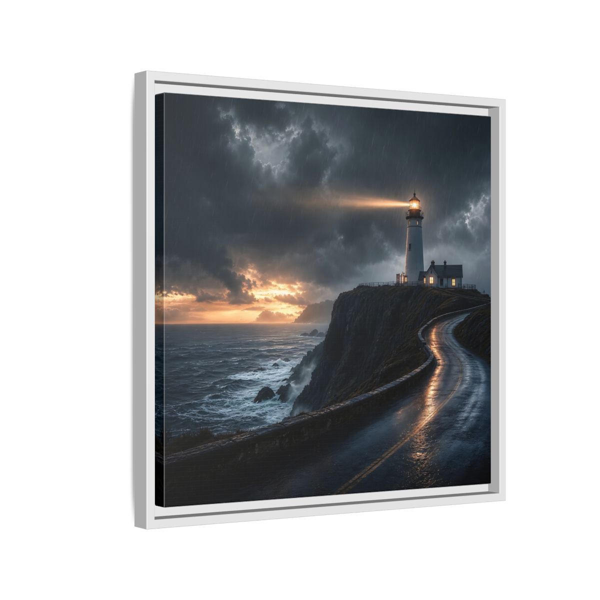 Side Mockup 10. Nature Lighthouse Dark Coastal Lighthouse shown as stretched canvas wall art