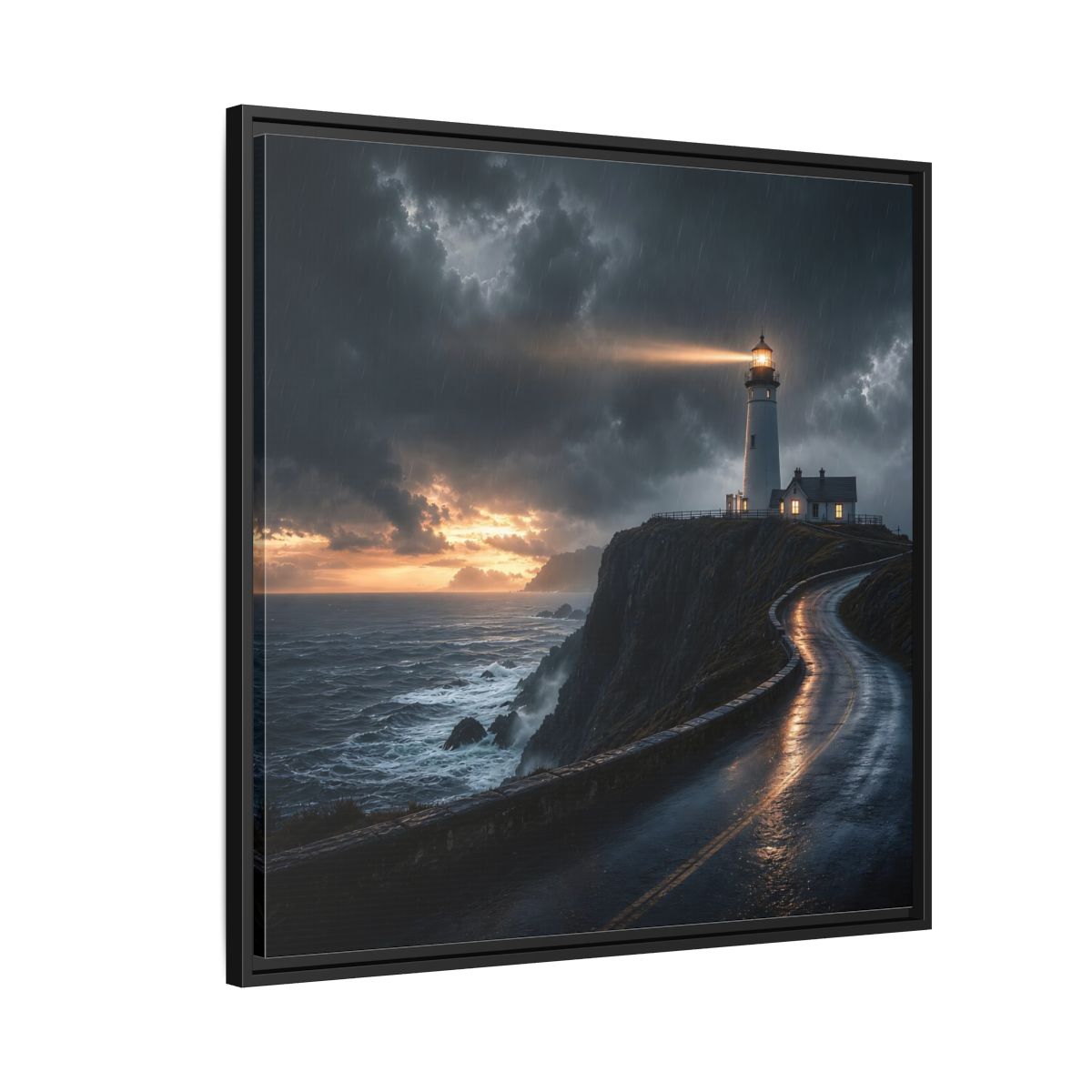 Side Mockup 9. Nature Lighthouse Dark Coastal Lighthouse shown as stretched canvas wall art