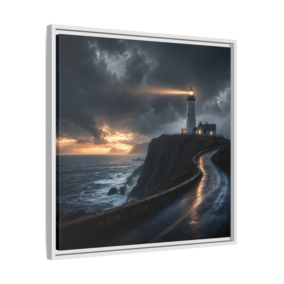 Side Mockup 26. Nature Lighthouse Dark Coastal Lighthouse shown as stretched canvas wall art