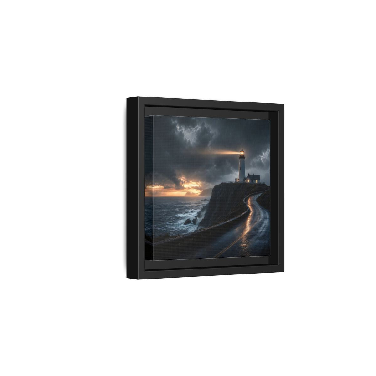 Side Mockup 3. Nature Lighthouse Dark Coastal Lighthouse shown as stretched canvas wall art
