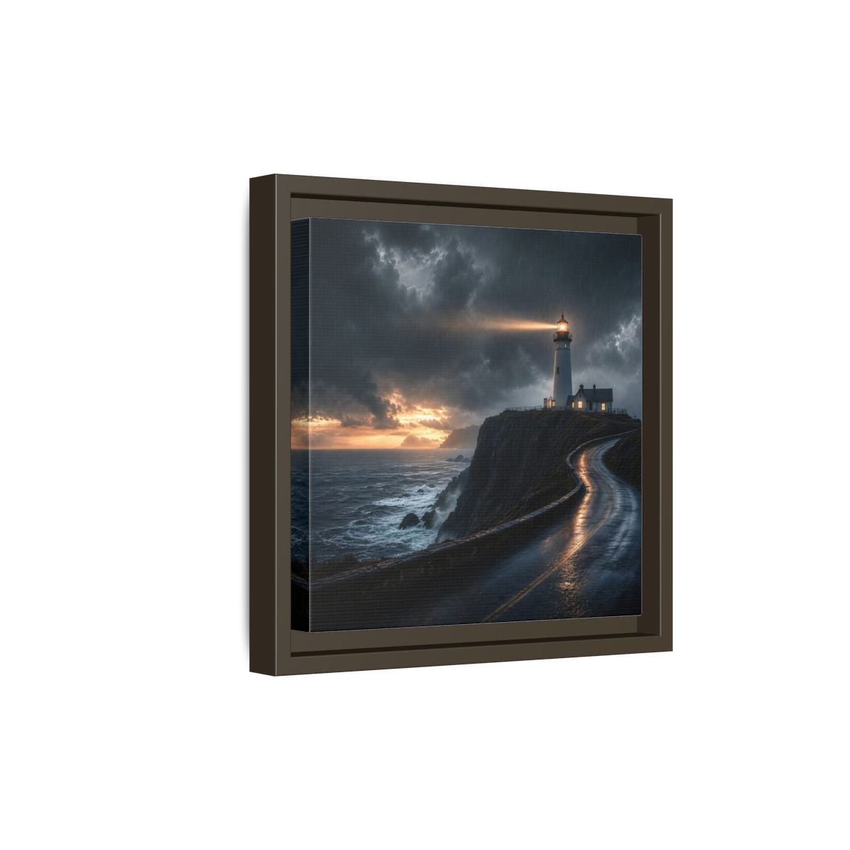 Side Mockup 20. Nature Lighthouse Dark Coastal Lighthouse shown as stretched canvas wall art