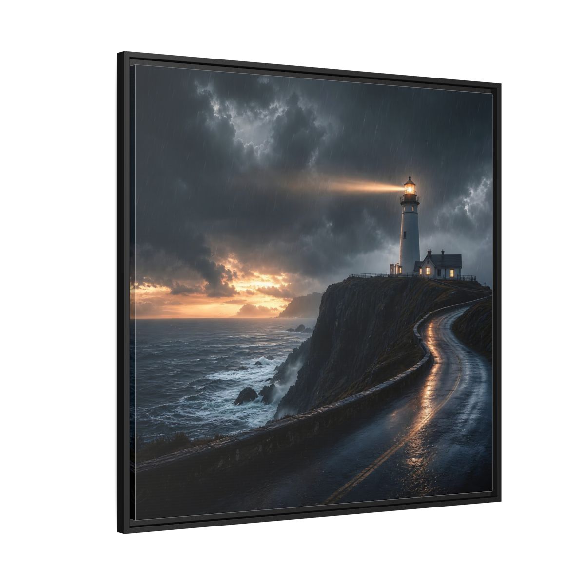 Side Mockup 6. Nature Lighthouse Dark Coastal Lighthouse shown as stretched canvas wall art
