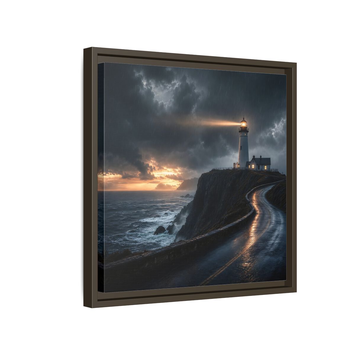 Side Mockup 14. Nature Lighthouse Dark Coastal Lighthouse shown as stretched canvas wall art