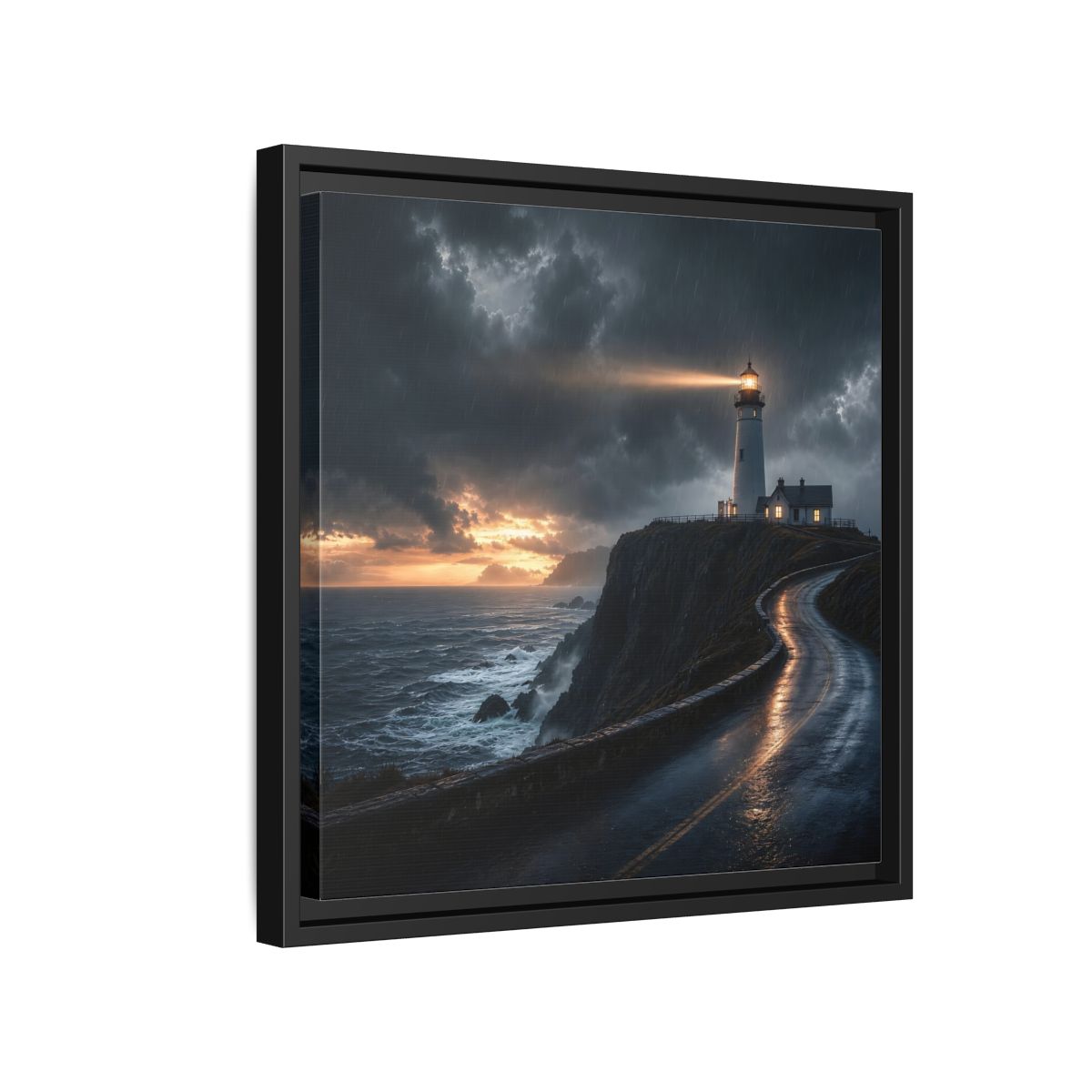 Side Mockup 15. Nature Lighthouse Dark Coastal Lighthouse shown as stretched canvas wall art