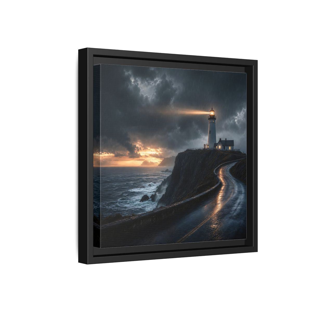 Side Mockup 18. Nature Lighthouse Dark Coastal Lighthouse shown as stretched canvas wall art
