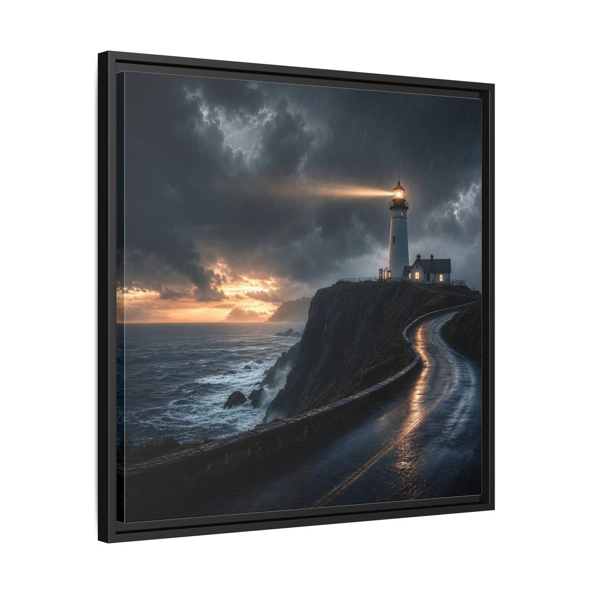 Side Mockup 31. Nature Lighthouse Dark Coastal Lighthouse shown as stretched canvas wall art