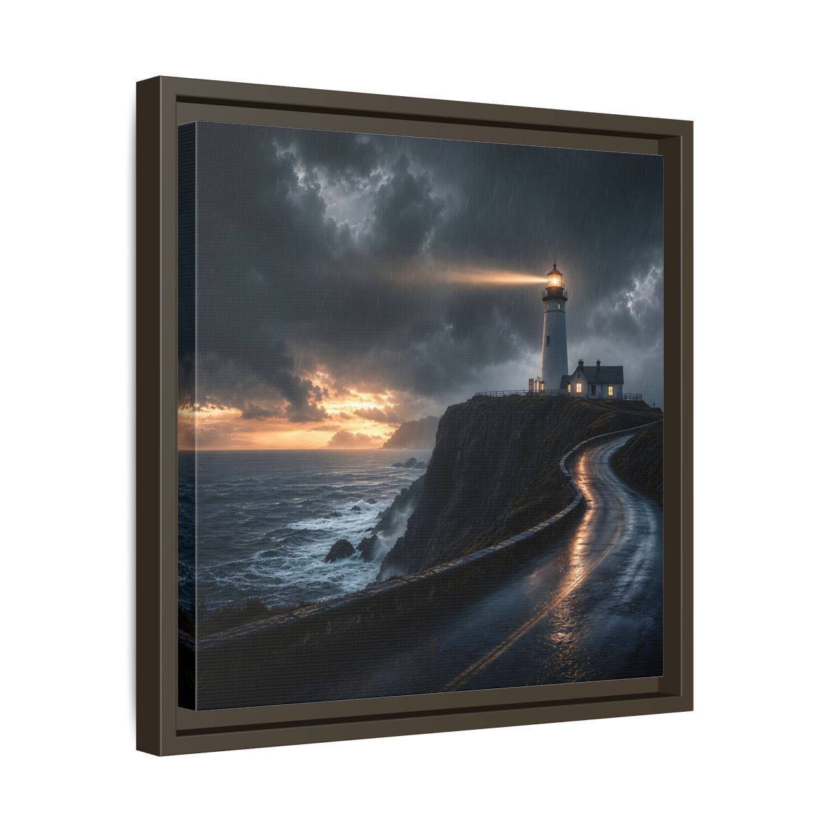 Side Mockup 29. Nature Lighthouse Dark Coastal Lighthouse shown as stretched canvas wall art