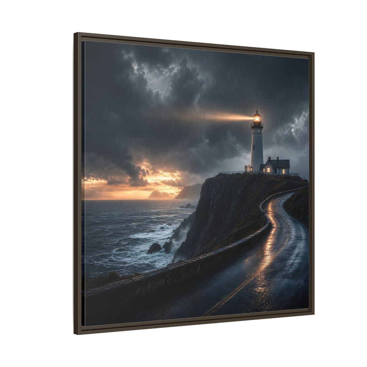 Side Mockup 5. Nature Lighthouse Dark Coastal Lighthouse shown as stretched canvas wall art