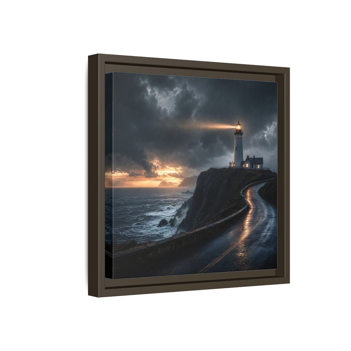 Side Mockup 17. Nature Lighthouse Dark Coastal Lighthouse shown as stretched canvas wall art