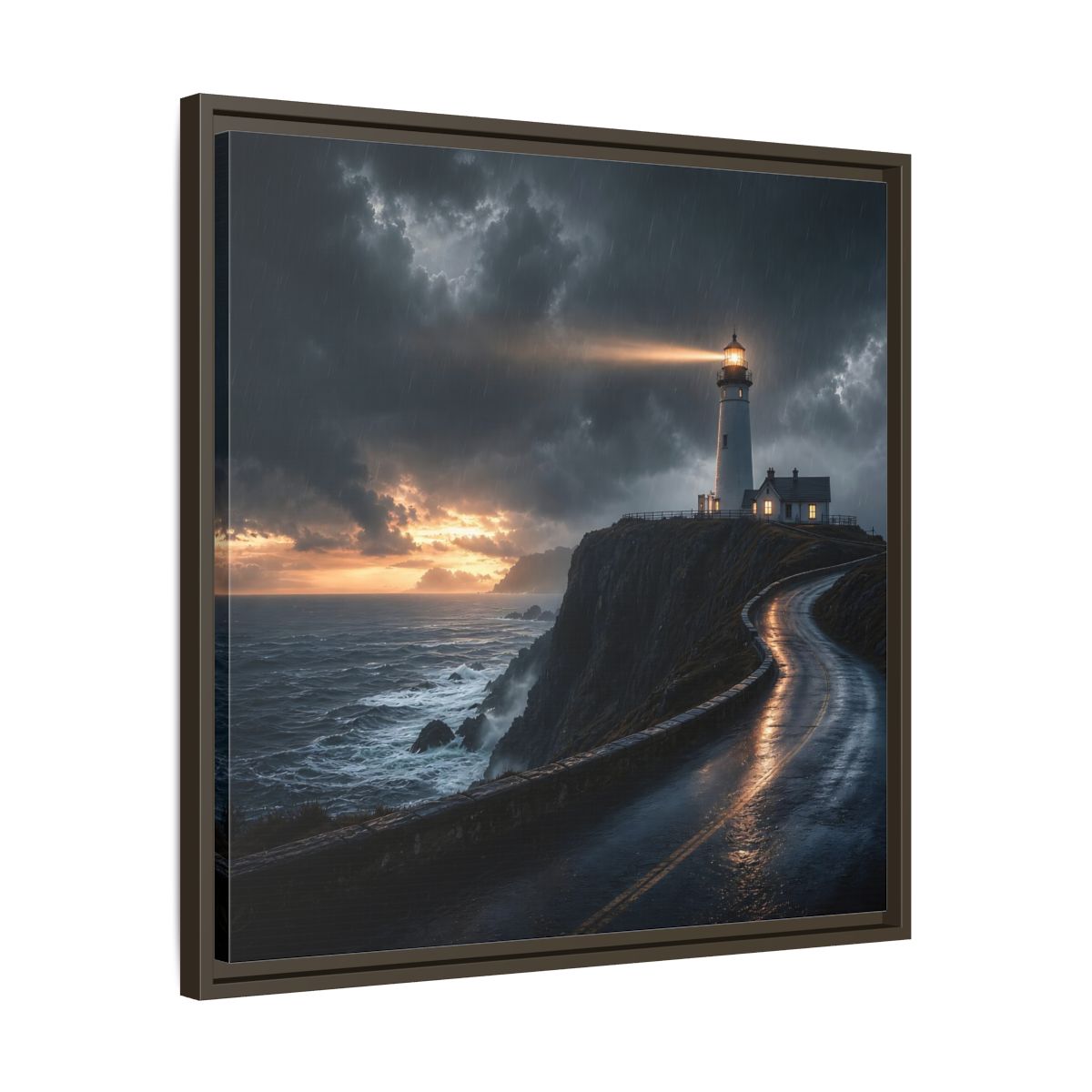 Side Mockup 27. Nature Lighthouse Dark Coastal Lighthouse shown as stretched canvas wall art
