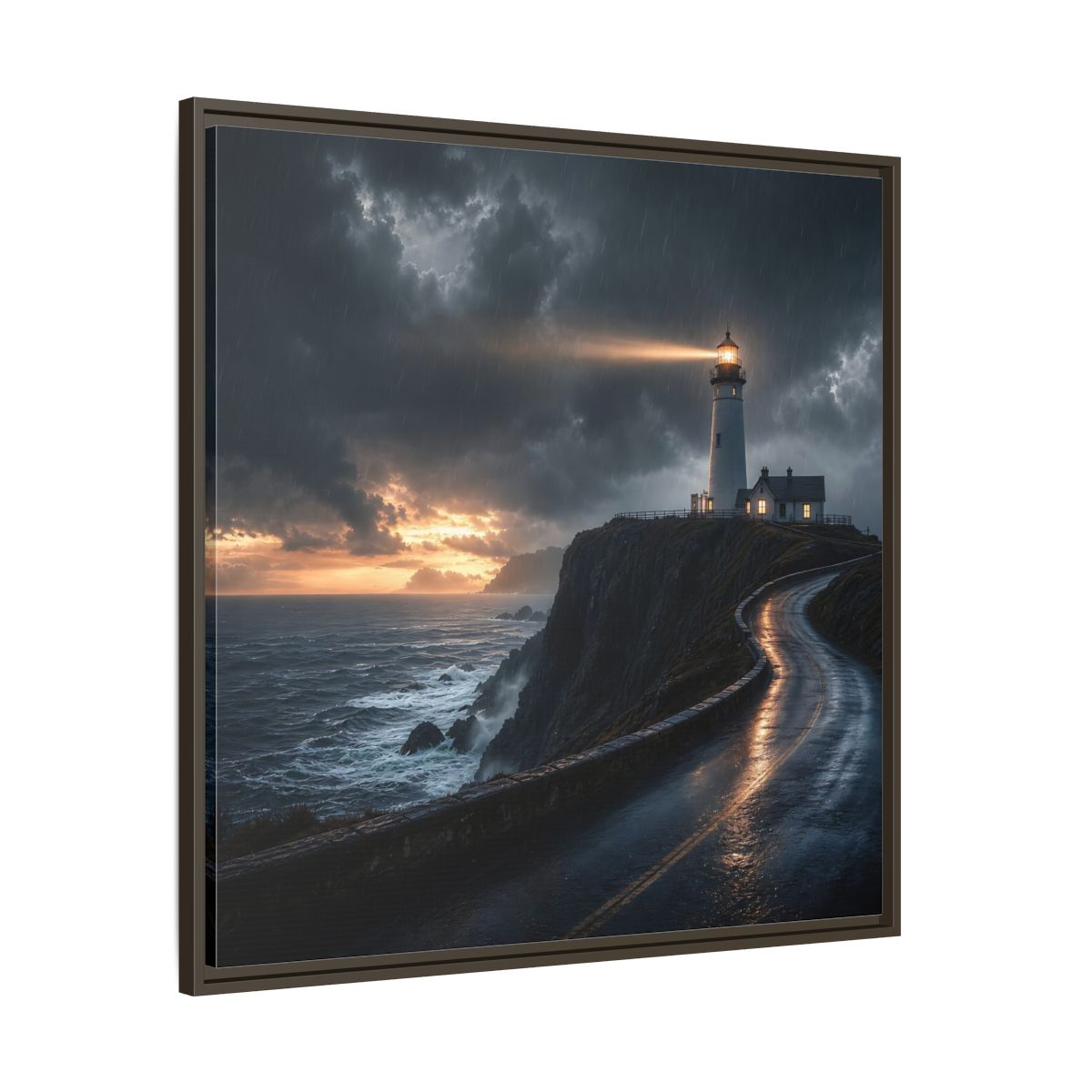 Main Mockup. Nature Lighthouse Dark Coastal Lighthouse shown as stretched canvas wall art
