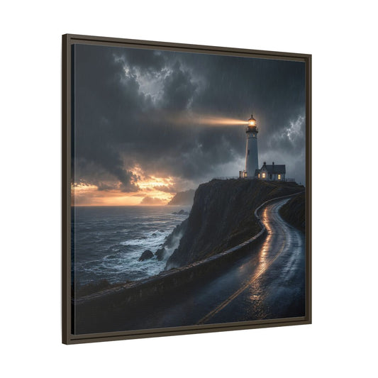 Main Mockup. Nature Lighthouse Dark Coastal Lighthouse shown as stretched canvas wall art
