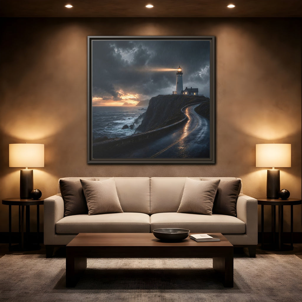 Mockup 2. Nature Lighthouse Dark Coastal Lighthouse shown as stretched canvas wall art