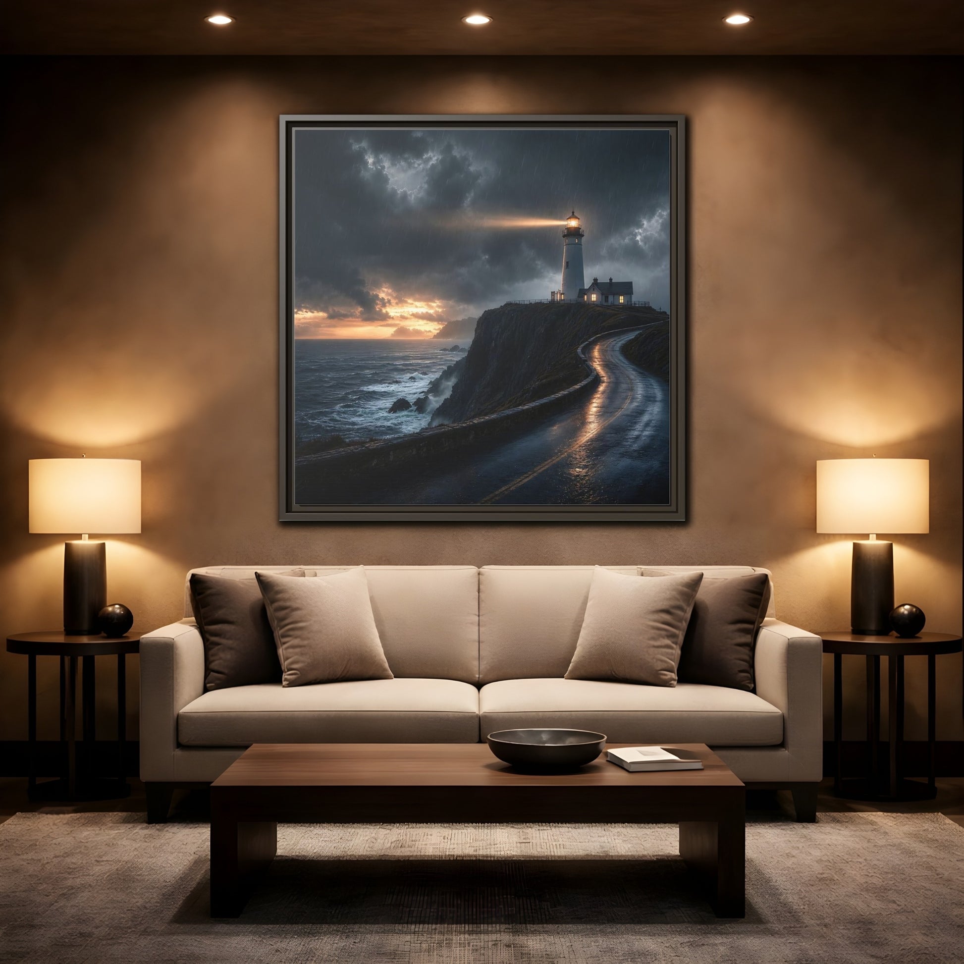 Mockup 2. Nature Lighthouse Dark Coastal Lighthouse shown as stretched canvas wall art