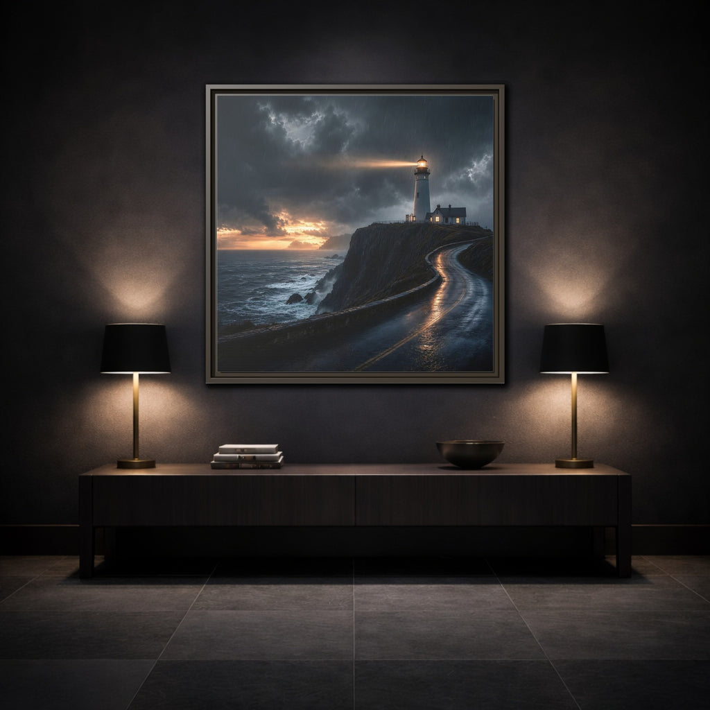 Mockup 3. Nature Lighthouse Dark Coastal Lighthouse shown as stretched canvas wall art
