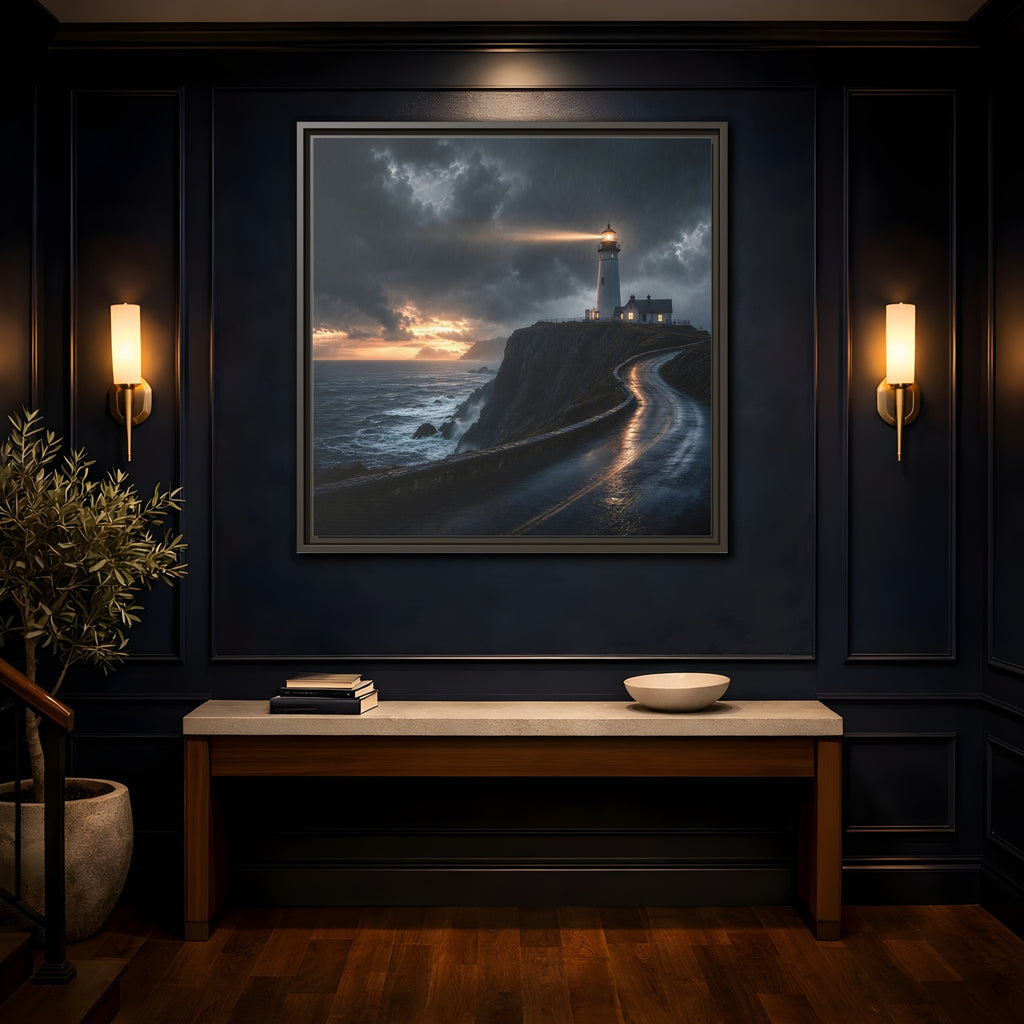 Mockup 4. Nature Lighthouse Dark Coastal Lighthouse shown as stretched canvas wall art