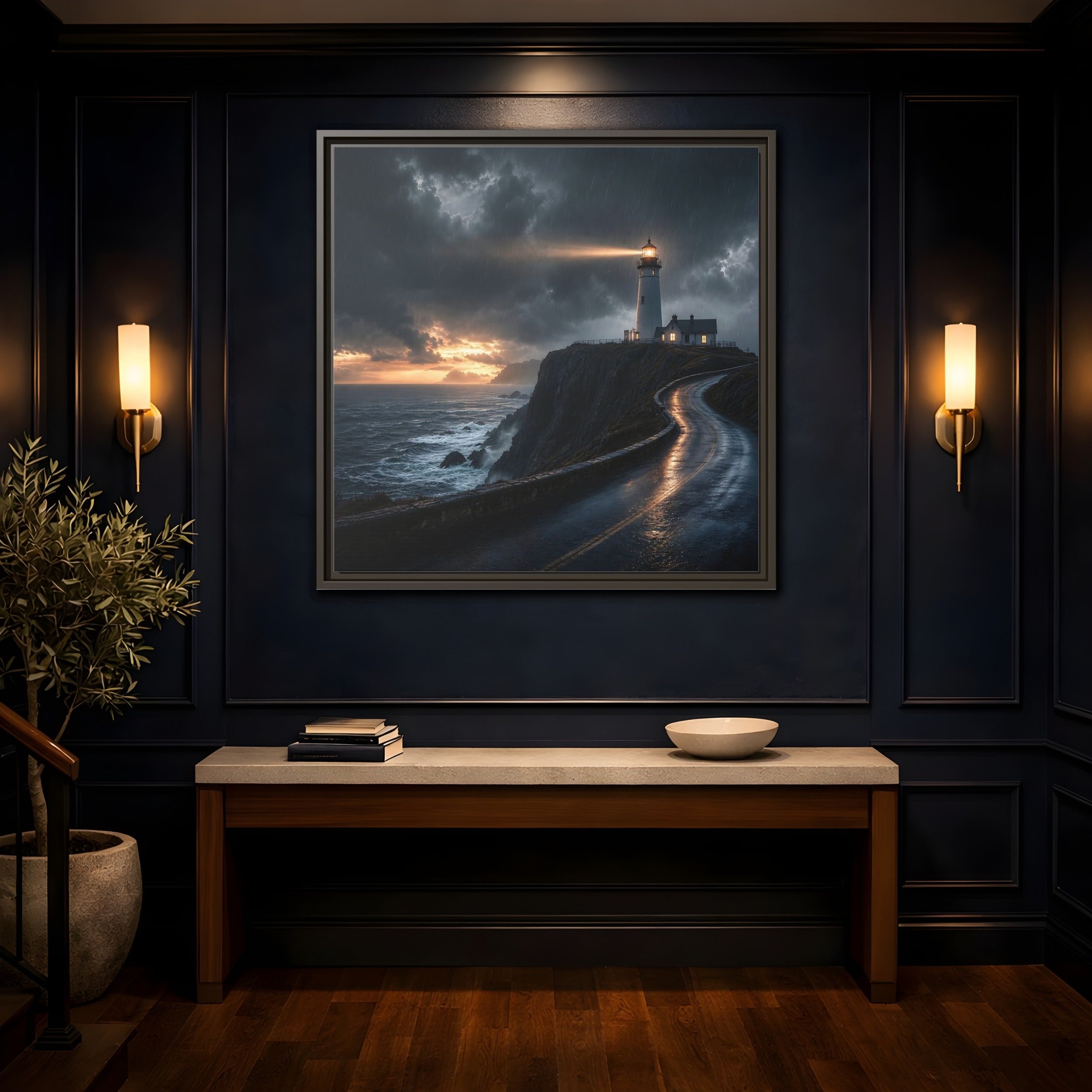 Mockup 4. Nature Lighthouse Dark Coastal Lighthouse shown as stretched canvas wall art