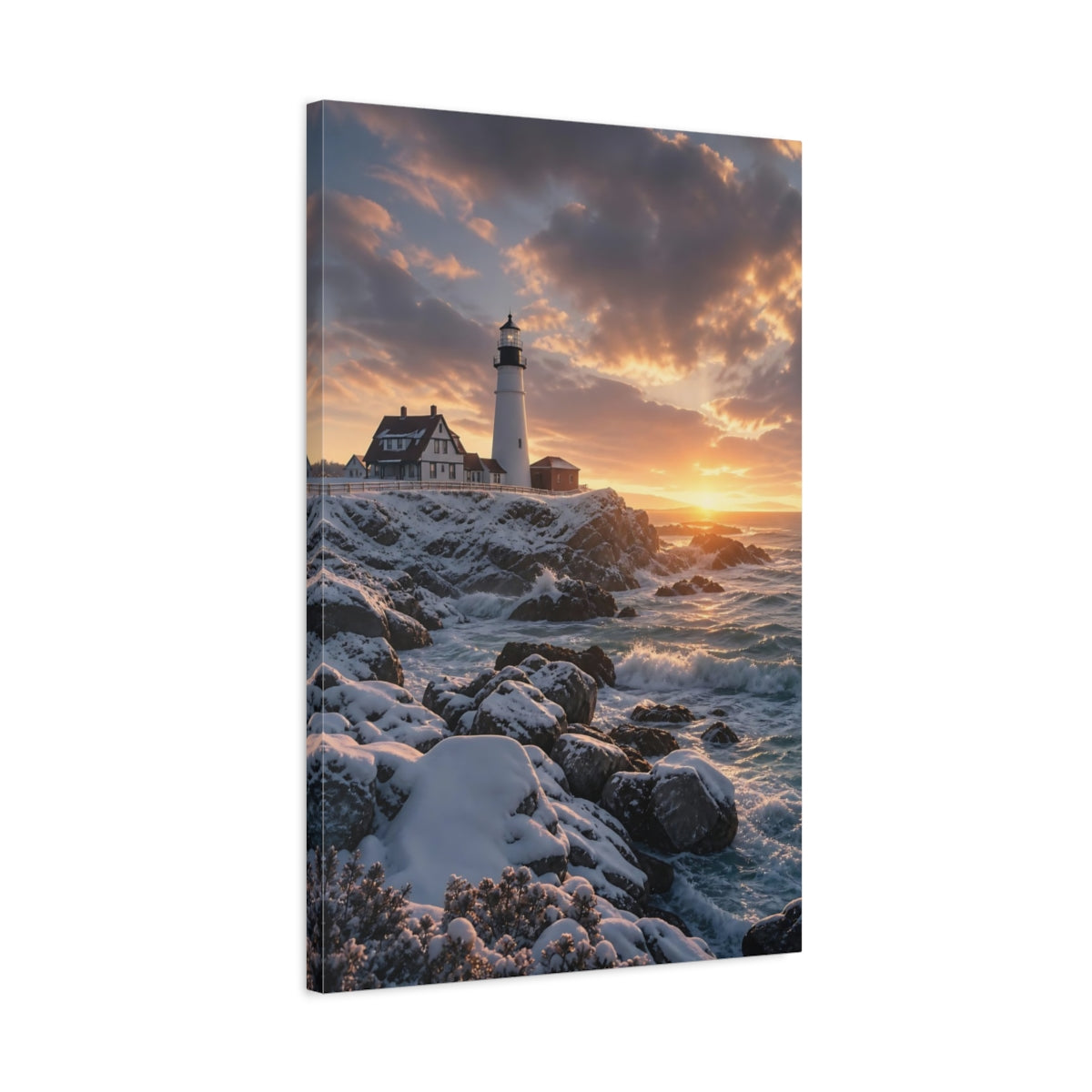 Side Mockup 2. Nature Lighthouse Golden Sunset Lighthouse shown as stretched canvas wall art