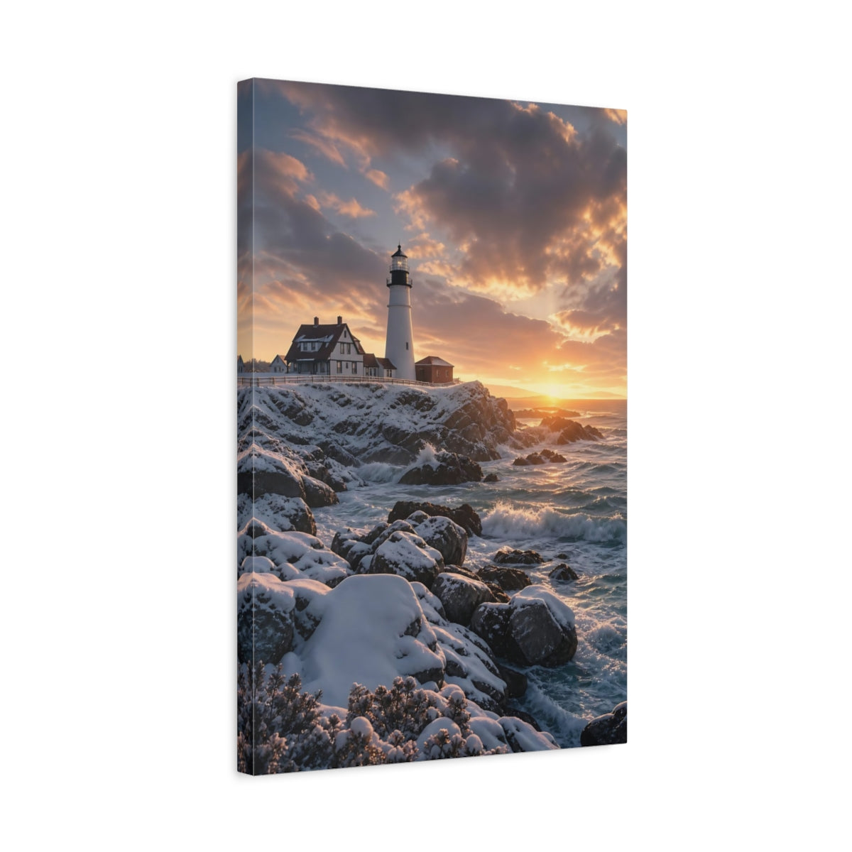 Side Mockup 3. Nature Lighthouse Golden Sunset Lighthouse shown as stretched canvas wall art