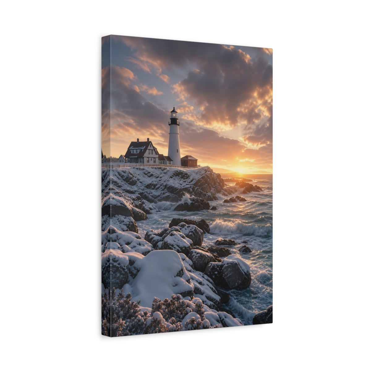 Side Mockup 4. Nature Lighthouse Golden Sunset Lighthouse shown as stretched canvas wall art