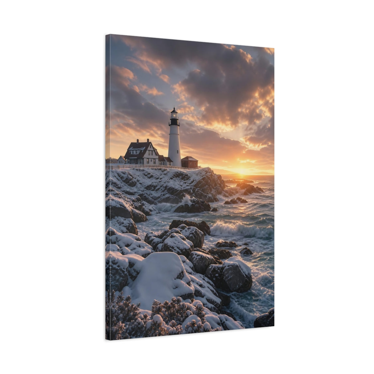 Main Mockup. Nature Lighthouse Golden Sunset Lighthouse shown as stretched canvas wall art