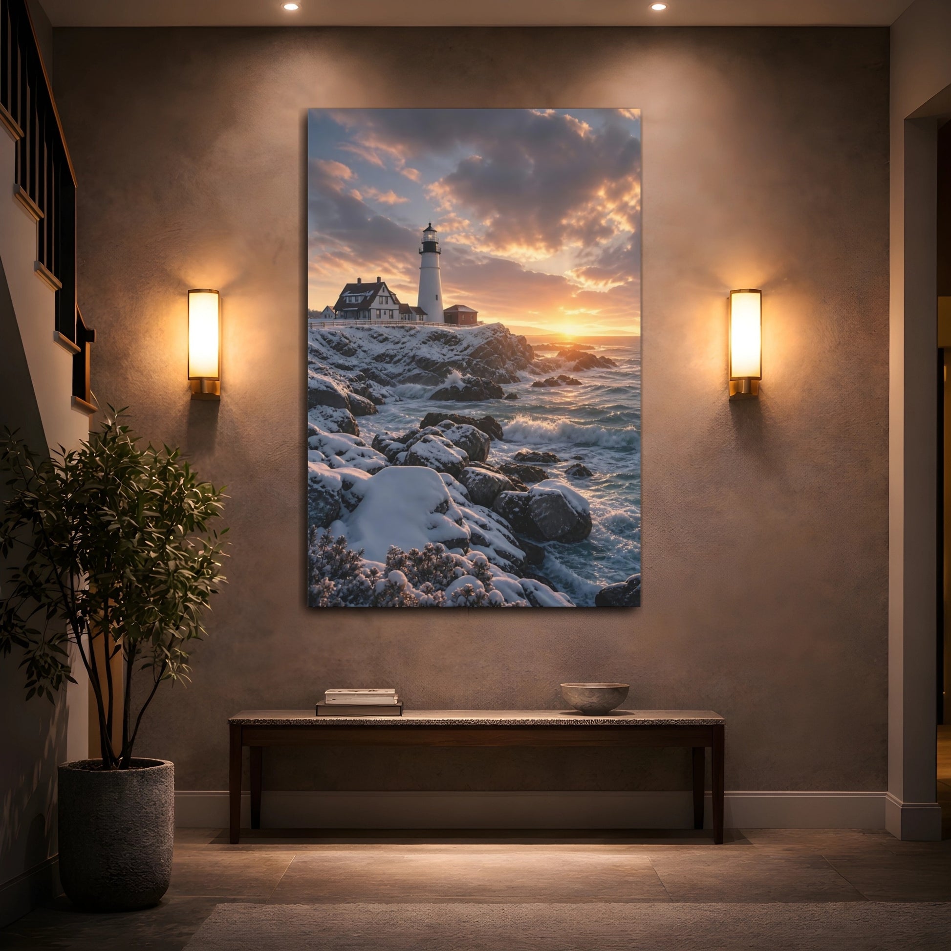 Mockup 2. Nature Lighthouse Golden Sunset Lighthouse shown as stretched canvas wall art