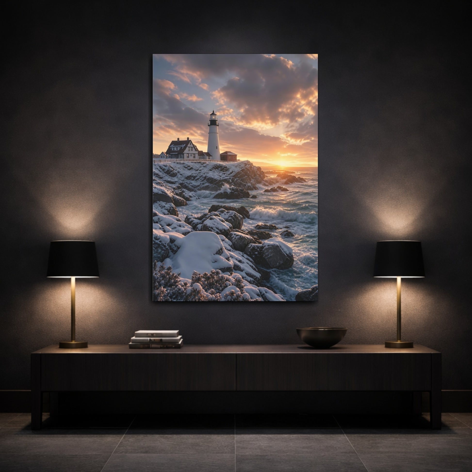 Mockup 3. Nature Lighthouse Golden Sunset Lighthouse shown as stretched canvas wall art