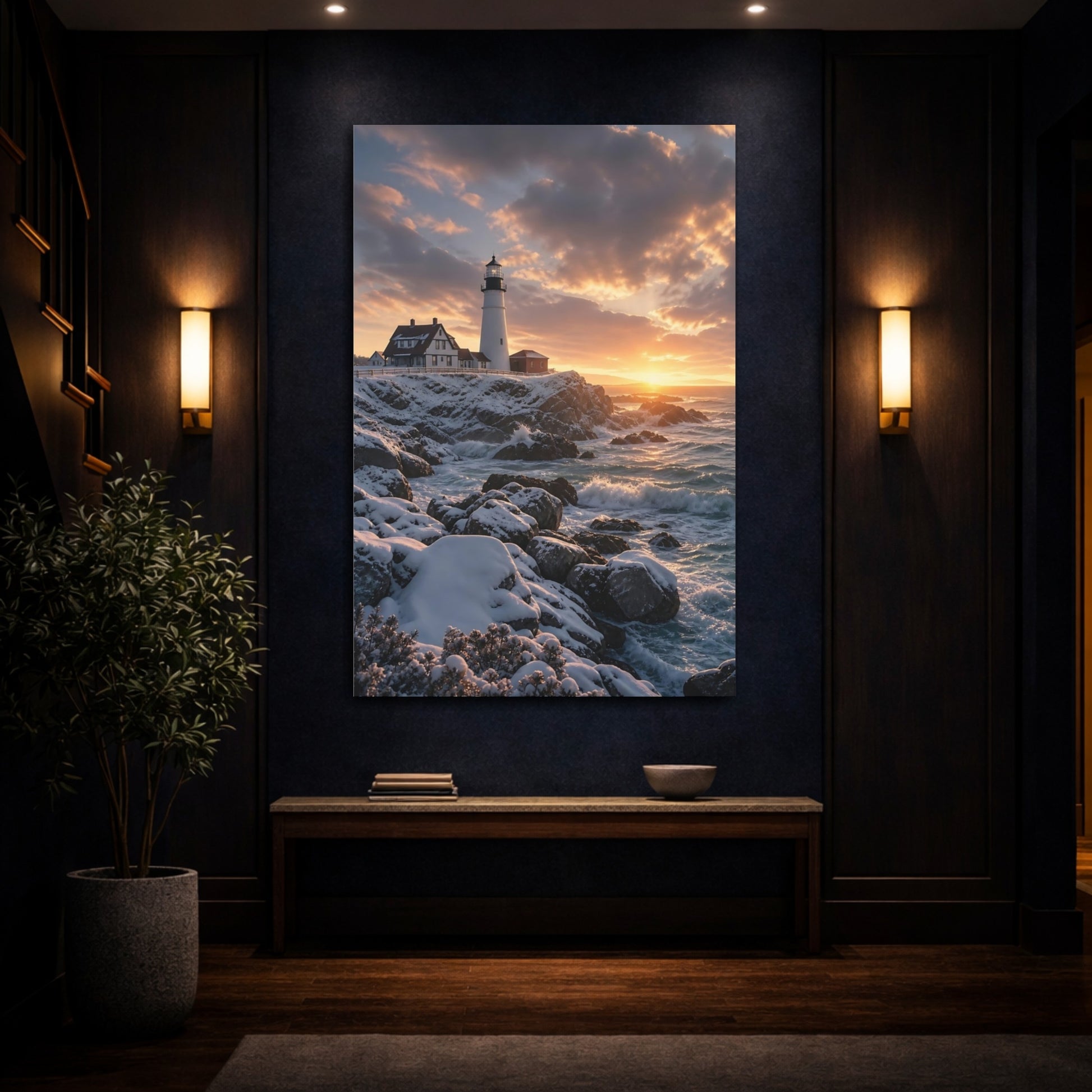 Mockup 4. Nature Lighthouse Golden Sunset Lighthouse shown as stretched canvas wall art