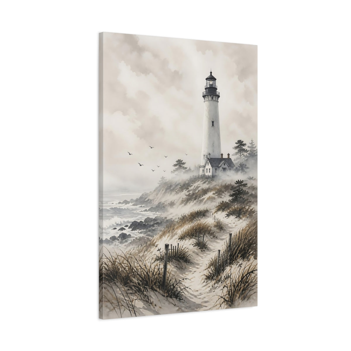 Main Mockup. Nature Lighthouse Grey And Brown Coastal shown as stretched canvas wall art