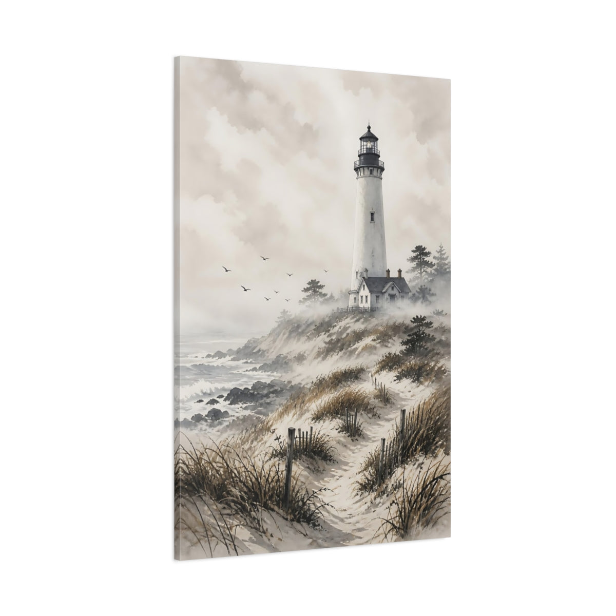 Side Mockup 1. Nature Lighthouse Grey And Brown Coastal shown as stretched canvas wall art