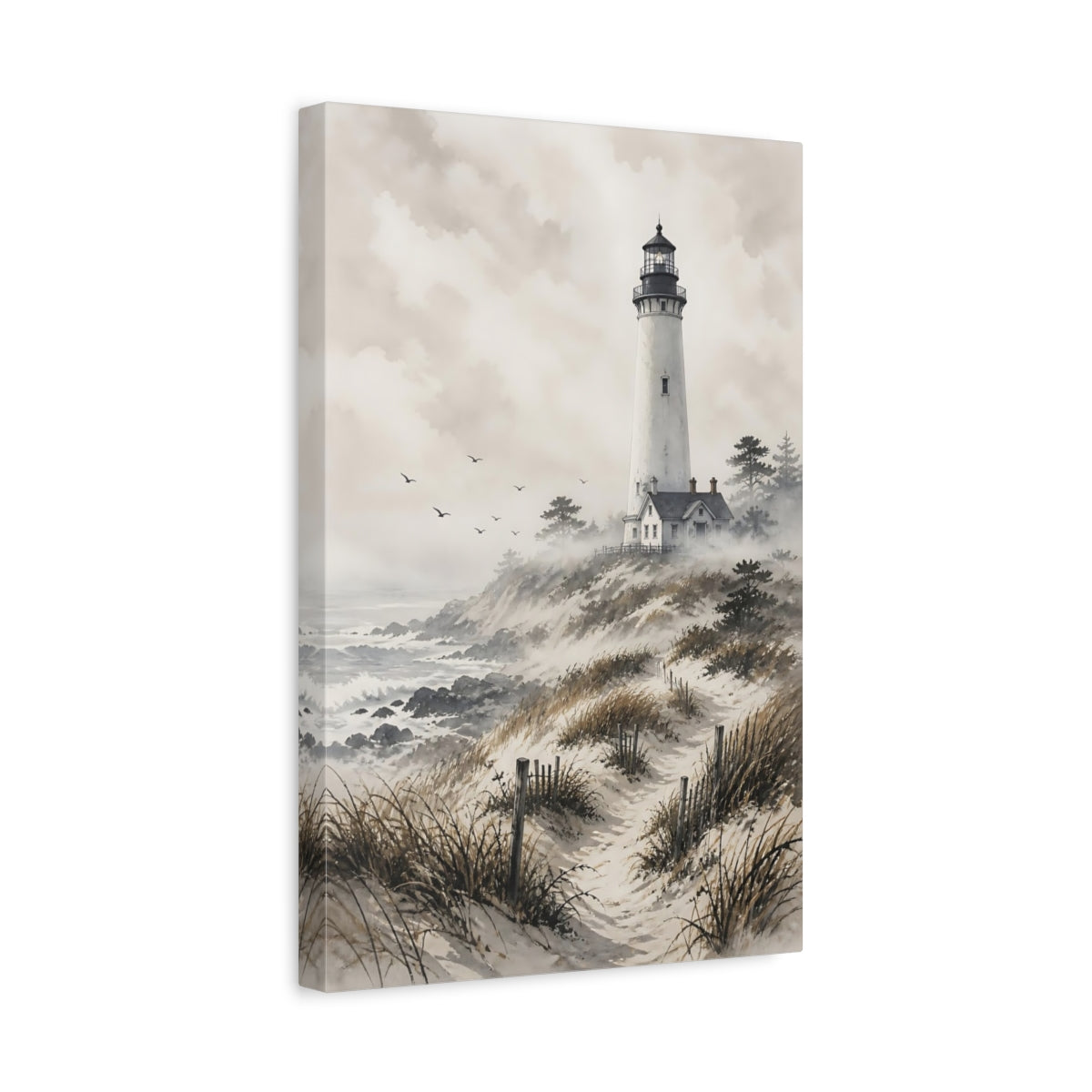 Side Mockup 4. Nature Lighthouse Grey And Brown Coastal shown as stretched canvas wall art