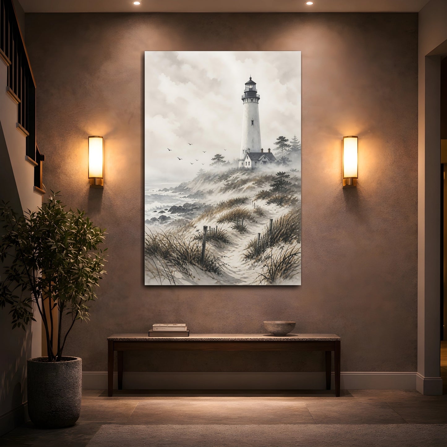 Mockup 2. Nature Lighthouse Grey And Brown Coastal shown as stretched canvas wall art