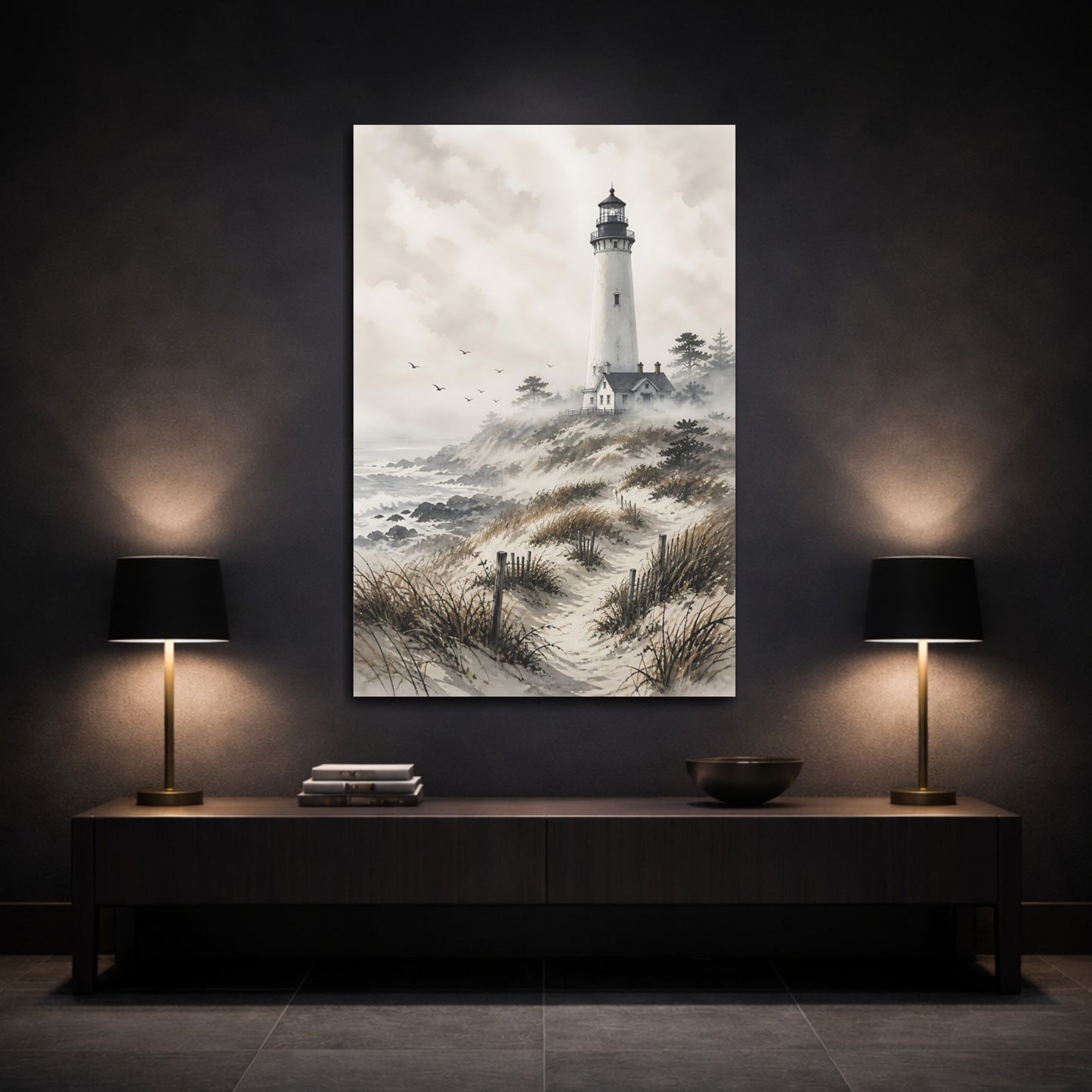 Mockup 3. Nature Lighthouse Grey And Brown Coastal shown as stretched canvas wall art