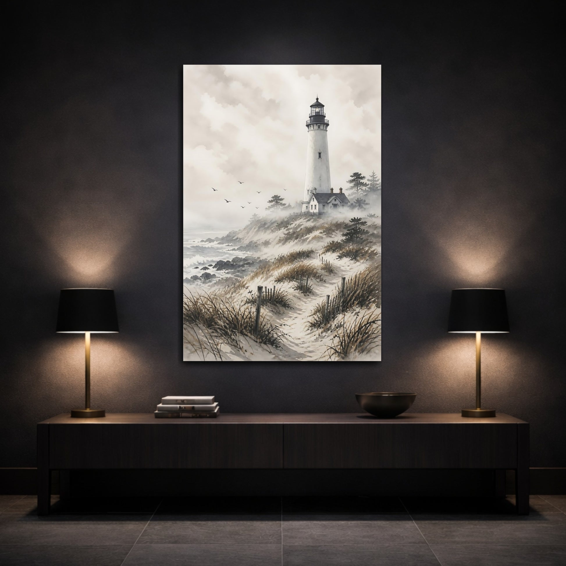 Mockup 3. Nature Lighthouse Grey And Brown Coastal shown as stretched canvas wall art