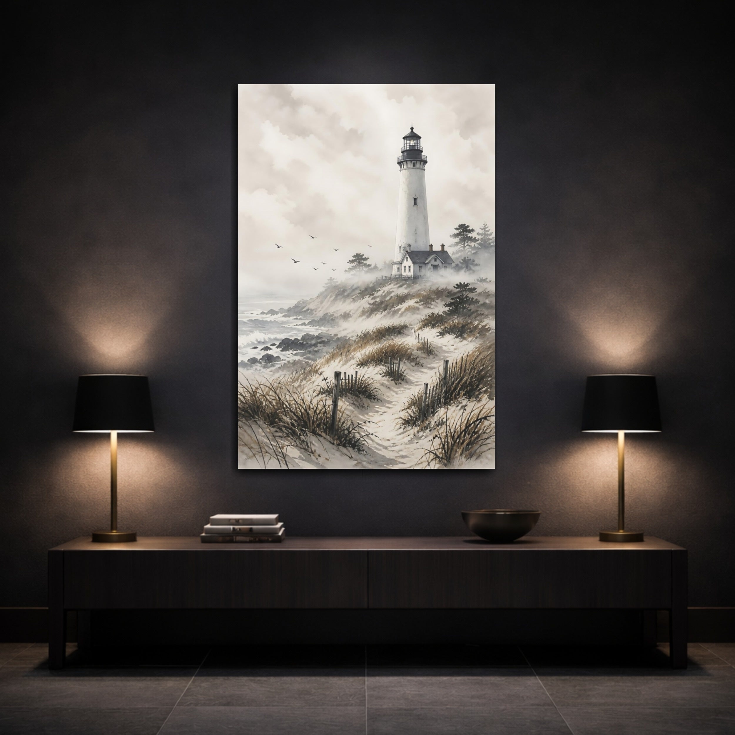 Mockup 3. Nature Lighthouse Grey And Brown Coastal shown as stretched canvas wall art