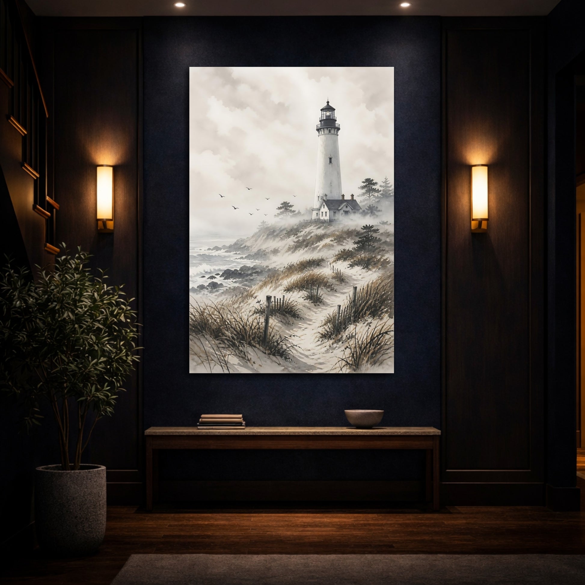 Mockup 4. Nature Lighthouse Grey And Brown Coastal shown as stretched canvas wall art