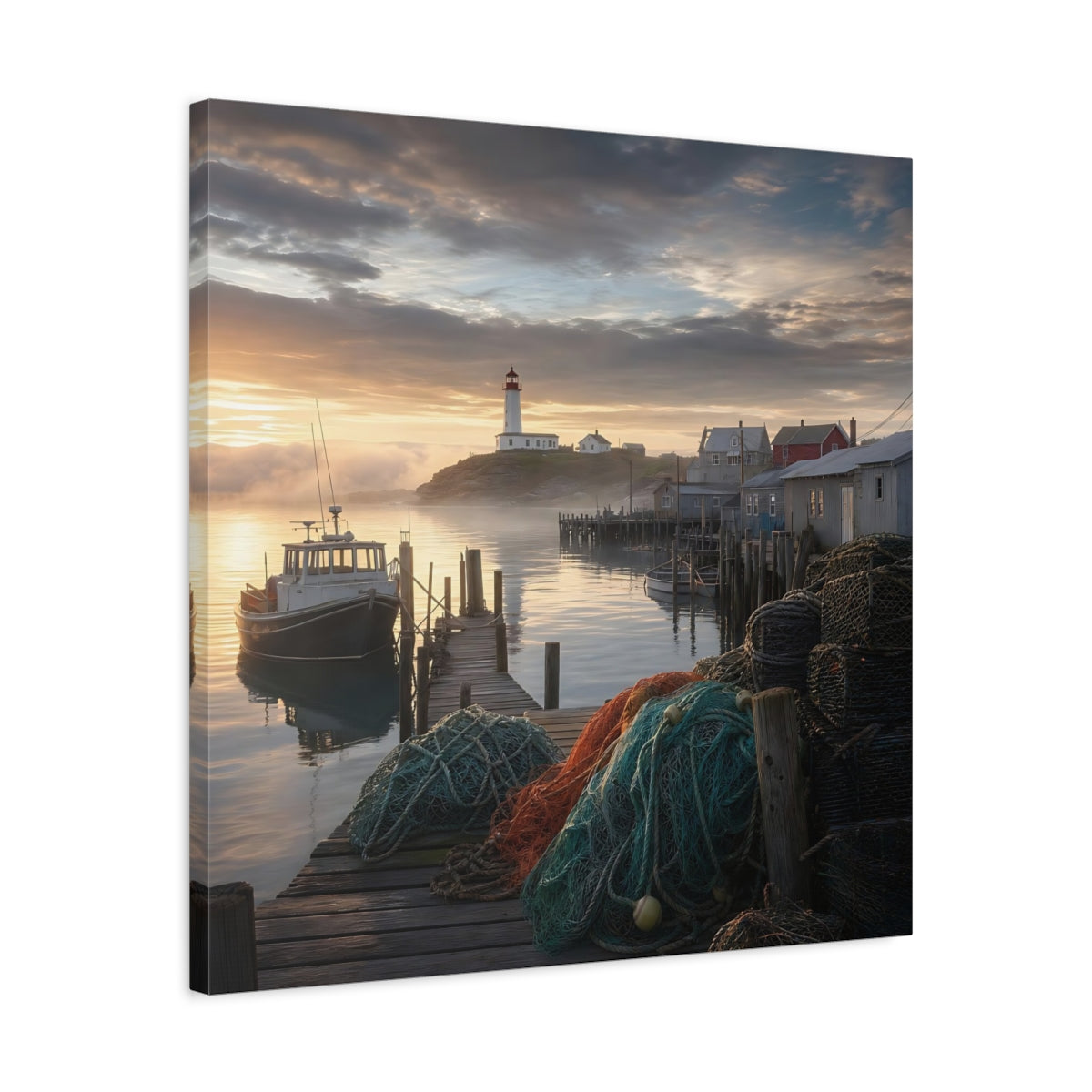 Side Mockup 4. Nature Lighthouse Harbor Golden Harbor shown as stretched canvas wall art
