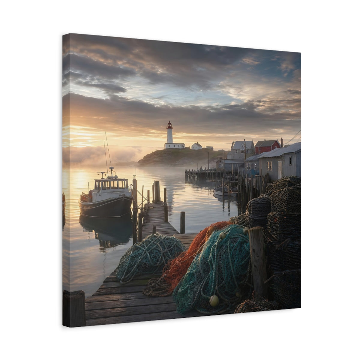 Side Mockup 5. Nature Lighthouse Harbor Golden Harbor shown as stretched canvas wall art