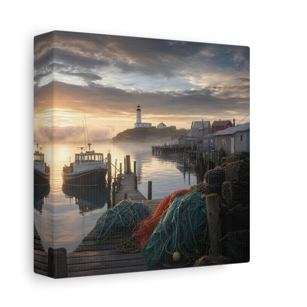 Side Mockup 2. Nature Lighthouse Harbor Golden Harbor shown as stretched canvas wall art